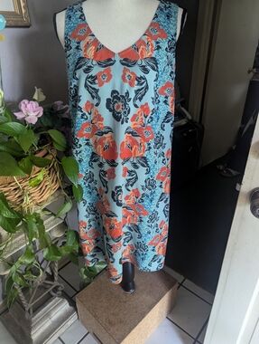 CAbi Sleeveless Floral Shift Dress in Light Blue and Coral.